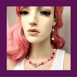 Peppermint Twist handmade choker and earring set in pink, red and white